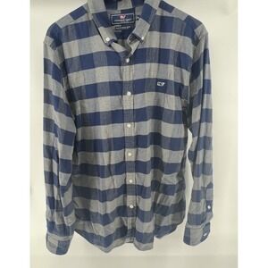 Vineyard Vines XL Plaid Flannel Shirt Slim Fit Whale Blue Gray Buffalo Check‎